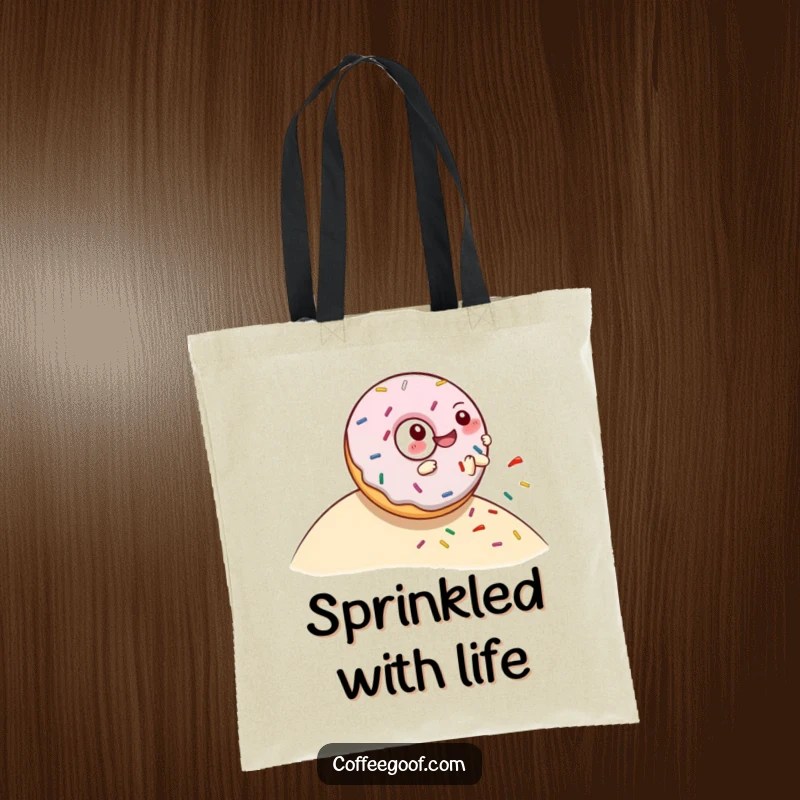Funny tote bag depicting a giggling donut character gleefully rolling downhill, scattering a vibrant cascade of sprinkles.
