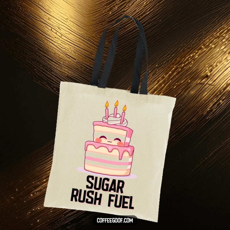 Funny Cake Tote Bag depicting a proud cake character enthusiastically blowing out small whimsical birthday candles.