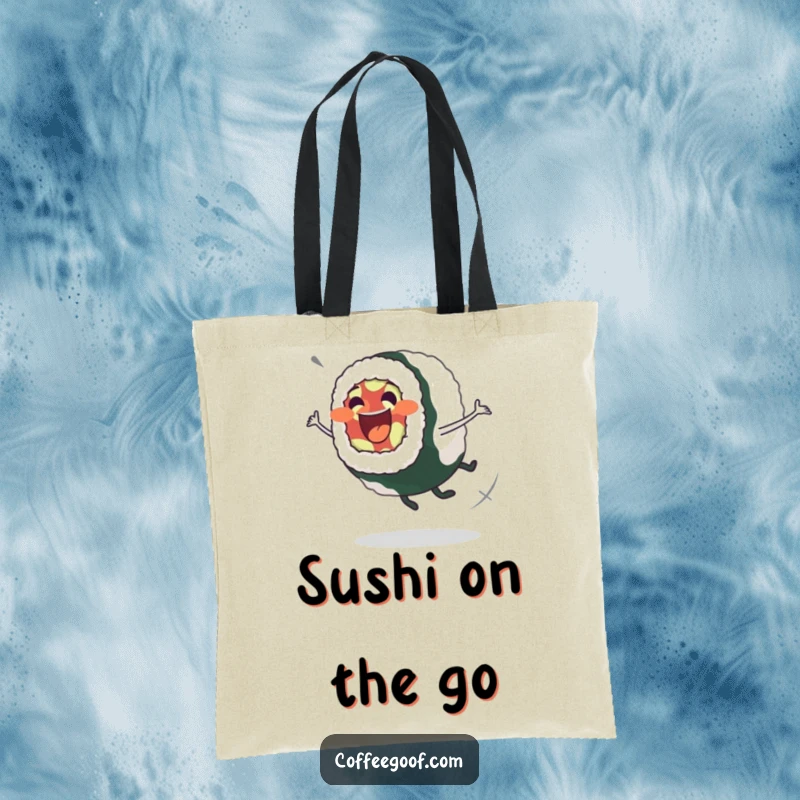 Funny Sushi Roll Tote Bag: Excited sushi roll character in a wobbly spin, perfect for carrying food and fun.