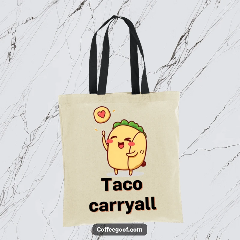 Funny taco character winking while flipping a tiny pancake on a durable tote bag, a humorous and practical accessory.